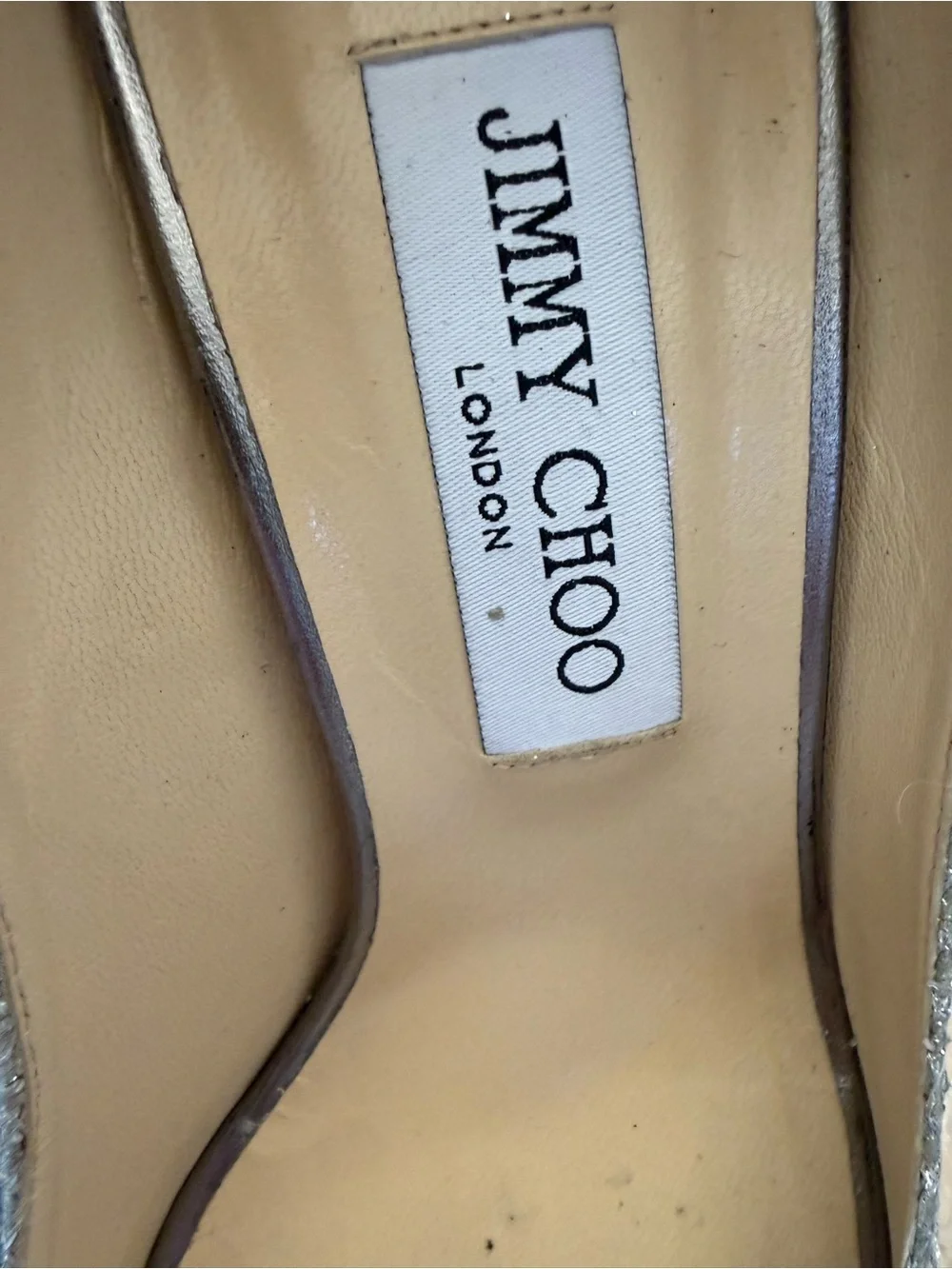 Jimmy Choo Silver Glitter Peep-Toe Wedge Heels